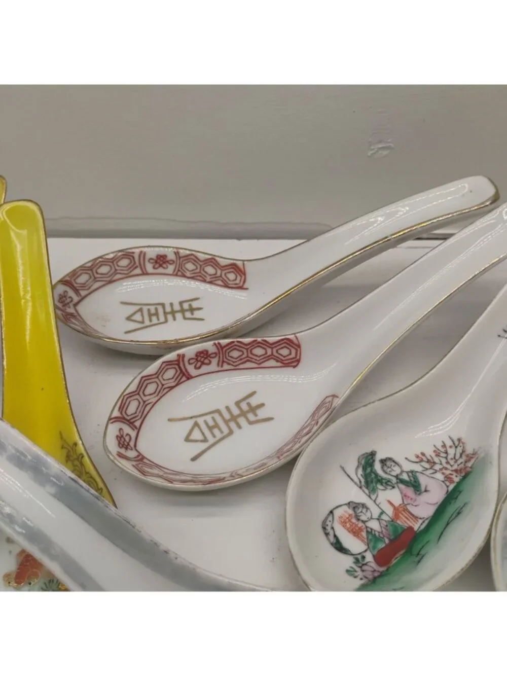 Vtg Chinese Porcelain Spoon Lot Koi Fish Birds Hand Painted 8 Total